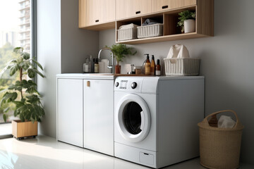 Laundry machine with cabinet in home, Minimalist panel-style.