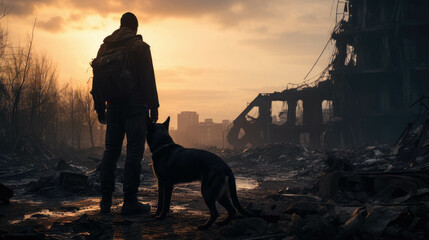 Rescuer with a dog among the ruins of a destroyed building at sunset. - obrazy, fototapety, plakaty