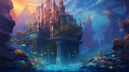 Gardinen Beautiful fantasy landscape with fantasy temple in the sea. Digital painting © Iman
