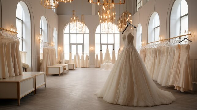 Bridal Store, Luxurious and elegant bridal boutique with wedding dresses hanging on hangers.