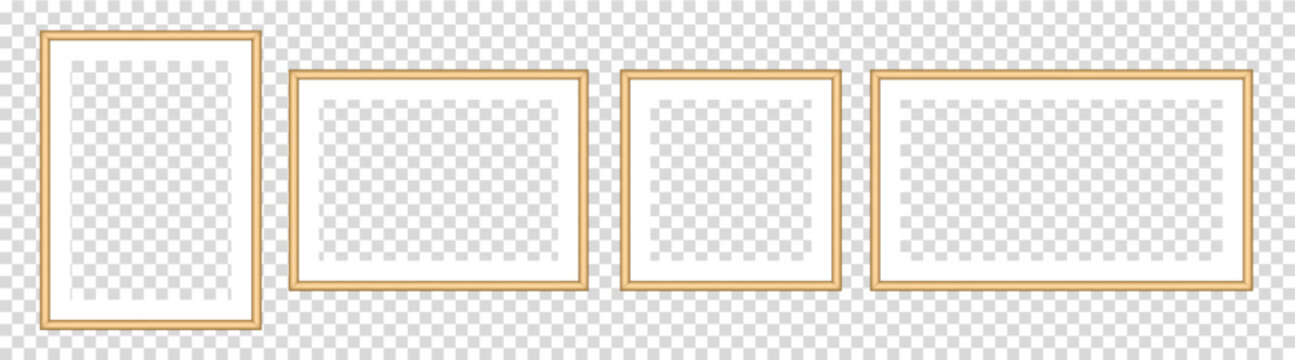 Set of gold photo frames. White passe-partout. Square and rectangular pictures. Poster or painting mockup on a transparent background