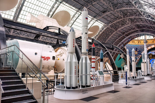 Proton family carrier rockets in the Museum of Cosmonautics in Moscow: Moscow, Russia - August 03, 2022
