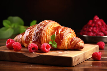 Croissant with raspberries on the wooden table close up
