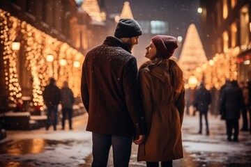 Couple standing next to a Christmas tree in the city street, snow in the city square, Christmas...