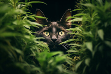 The cat sits in a thicket of hemp or cannabis. The cat peeks out from under the hemp bush.