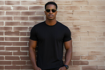 a black man wearing a black t - shirt standing in front of a brick wall
