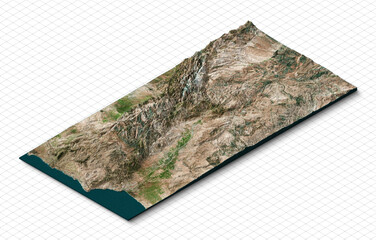 3d model map of Atlas Mountains, High Atlas in Morocco, the Toubkal National Park. Isometric map virtual terrain 3d for infographic. Geography and topography planet earth flattened satellite view