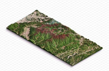 3d model map of Chiri-san, mountain Jiri in South Korea. Jirisan is a mountain located in the southern region of South Korea. Isometric map virtual terrain 3d for infographic. Geography and topography