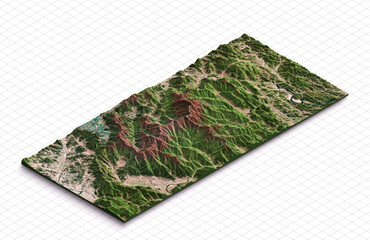 3d model map of Chiri-san, mountain Jiri in South Korea. Jirisan is a mountain located in the southern region of South Korea. Isometric map virtual terrain 3d for infographic. Geography and topography