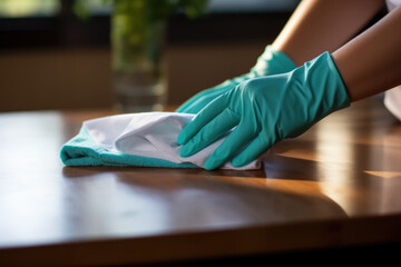 Woman in protective gloves wiping, cleaning her house, close-up