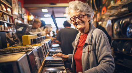old woman with glasses in a shop having fun and laughing