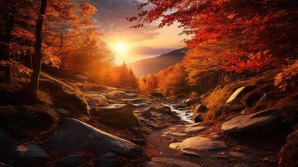 Natural autumn landscape with the sun in the forest and a mountain of orange leaves.