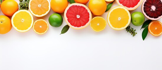 Colorful fresh fruits on white table Variety of oranges tangerines limes lemons and grapefruits Flat lay top view with empty space with copyspace for text