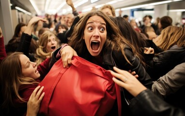 Midnight Black Friday shopping spree, with shoppers jostling to grab discounted clothes in a shopping center. Generative AI