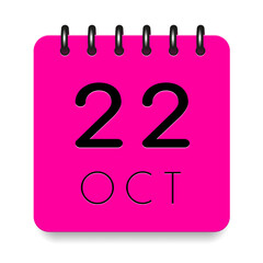22 day of the month. October. Pink calendar daily icon with black letter. Date day week Sunday, Monday, Tuesday, Wednesday, Thursday, Friday, Saturday. Cut paper. White background. Vector illustration