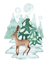 Watercolor illustration of a deer against the backdrop of a winter forest with fir trees