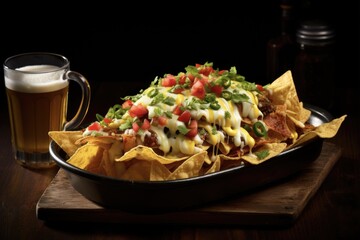 Delicious Nachos and Cheese with Beer - A Tray of Crunchy Corn Chips Topped with Nacho Dip, Sauce, and Cheesy Goodness