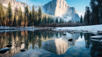 Fotobehang El Capitan: Majestic Icon of Yosemite National Park in California, US, with the Merced River Flowing Beneath It © Alona