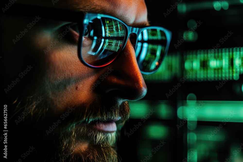 Poster portrait of a bearded man with glasses and binary code in a dark room.