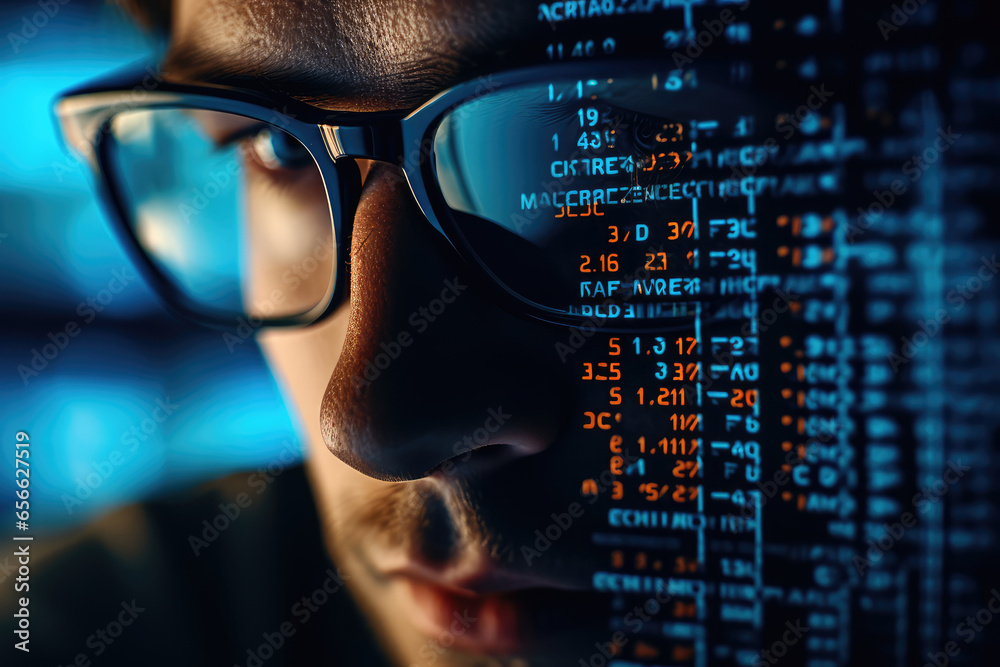 Poster cyber security concept. close up of man in glasses looking at computer screen with code.