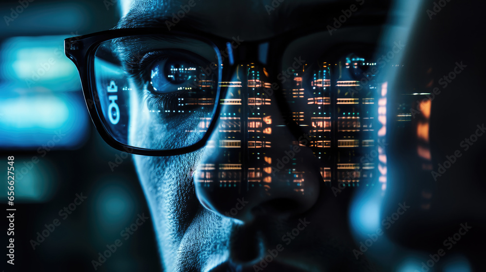 Poster close-up of man wearing eyeglasses and analyzing programming code data
