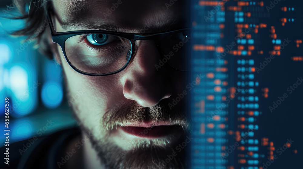 Poster portrait of a man in glasses against the background of binary code