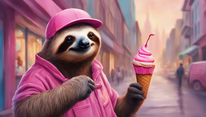 A sloth in pink clothes is eating ice cream on the street. Generative AI. - obrazy, fototapety, plakaty