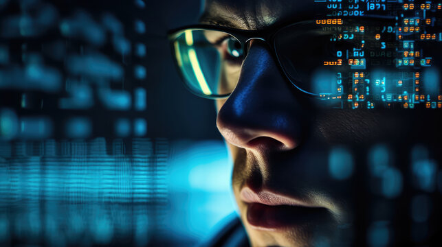 Close up of a man with glasses and binary code on the background