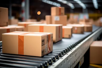 Foto op Plexiglas Close-up of multiple cardboard box packages on conveyor belt © Denis