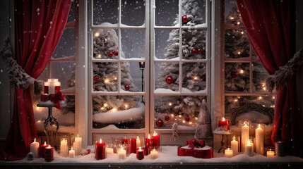 Christmas tree with candles on the windowsill. Christmas and New Year concept