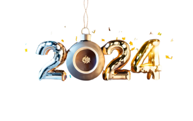 New year 2024. 3d Realistic Gold Foil Balloons hanging number. Greeting concept for 2024 gift, invitation card etc. On Transparence Background. 