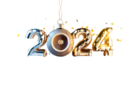New year 2024. 3d Realistic Gold Foil Balloons hanging number. Greeting concept for 2024 gift, invitation card etc. On Transparence Background. 