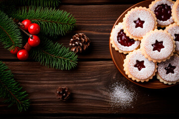 Linzer cookies with sweet jam and fir tree branches on wooden table. Top view