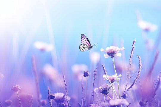 Wild flowers of clover and butterfly in a meadow in nature in rays of sunlight in summer in spring close-up of a macro. A picturesque colorful artistic image with a soft focu