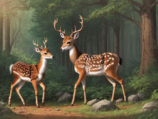 Obraz premium Several Baby Deer Playing Together in Nature. 3D deer in the forest