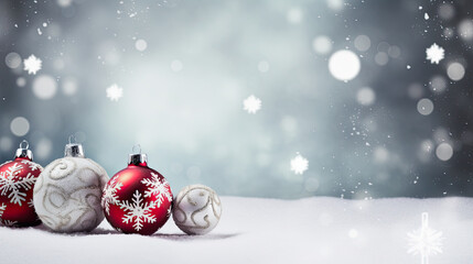 Christmas background with red and white baubles on snow with snowflakes