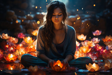 Woman practicing yoga in a lush forest. Set in the lotus position, she immerses herself in the serene ambiance as rays of golden light. Ai generated