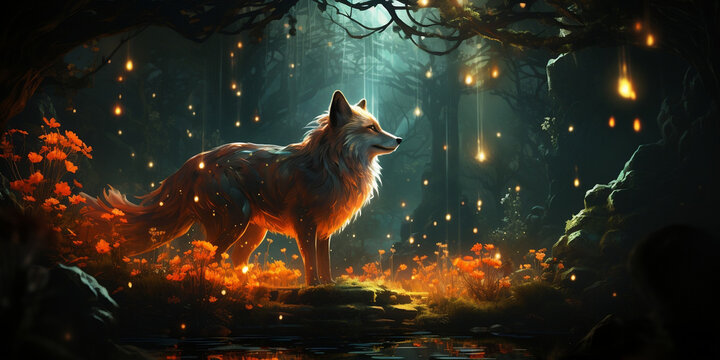 Orange fox in the forest, magical moment, sparkles in the eyes, wallpaper of cute orange fox in its natural environment. Generative AI