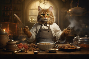 Cat blogger dressed as a chef. The cat looks at the camera and shows how to cook food, blogging concept. AI generated. - obrazy, fototapety, plakaty