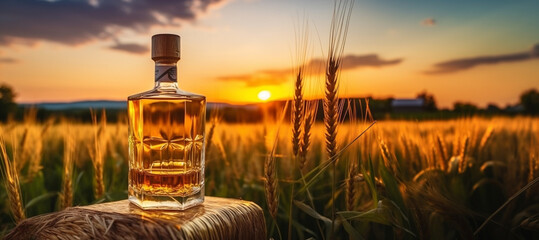 A bottle of whiskey in front of a field of fresh barley. AI generated. - Powered by Adobe
