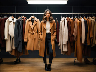 female standing near hangers with brand wear in the showroomin the Black Friday shopping with discounts. funny hipster girl enjoying pastime for update her wardrobe spending day in boutique
