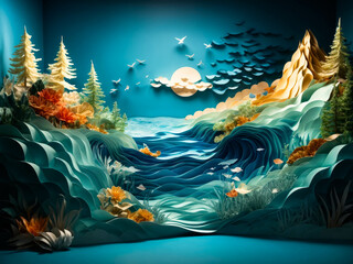 Fototapeta na wymiar 3D multi-layered ocean landscape made from Kirigami in the style of children illustrations
