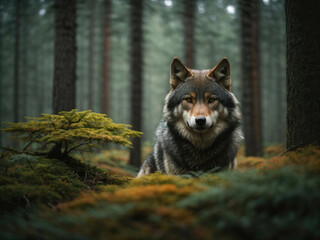Grey Wolf (Canis lupus) Portrait. The wolf captured in a close-up shot while the forest forms the background. The forest rich with towering trees, lush vegetation. - obrazy, fototapety, plakaty