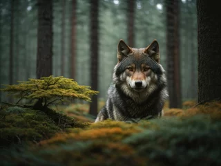 Zelfklevend Fotobehang Grey Wolf (Canis lupus) Portrait. The wolf captured in a close-up shot while the forest forms the background. The forest rich with towering trees, lush vegetation. © Natallia