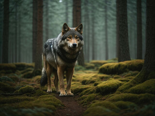 Grey Wolf (Canis lupus) Portrait. The wolf captured in a close-up shot while the forest forms the background. The forest rich with towering trees, lush vegetation. - obrazy, fototapety, plakaty