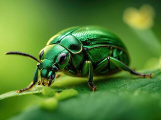 Naklejka premium Cetonia aurata golden beetle on flowers. Beauty of nature. A detailed photograph of green beetle, cinematic, photorealistic, extreme close-up