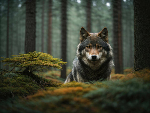 Grey Wolf (Canis lupus) Portrait. The wolf captured in a close-up shot while the forest forms the background. The forest rich with towering trees, lush vegetation.