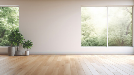 Pusty biały pokój z dużym oknem i drewnianą podłogą - obrazy, fototapety, plakaty