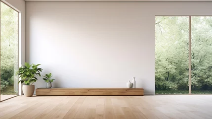 Foto op Plexiglas Pusty biały pokój z dużym oknem i drewnianą podłogą © Micha