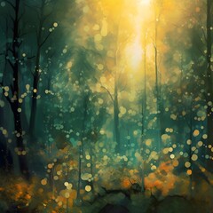 Autumn forest with fog and bokeh lights. Abstract background